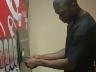 Fascinating black ebony shemale gets fucked by vending machine