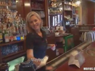 Bartender sucks shaft behind counter